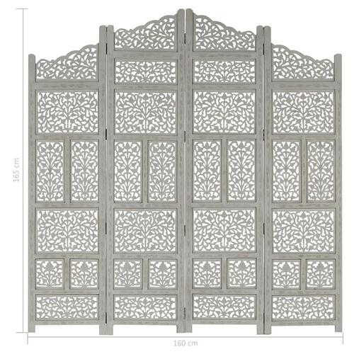 4-panels rumdeler håndskåret 160x165 cm massivt mangotræ grå