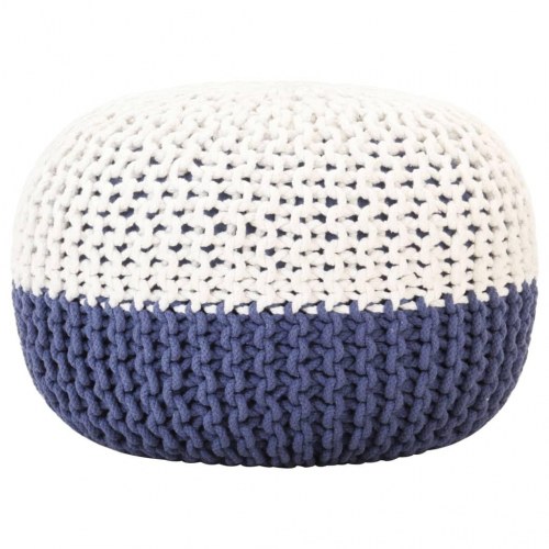 Håndstrikket puf 50x35 cm bomuld blå og hvid
