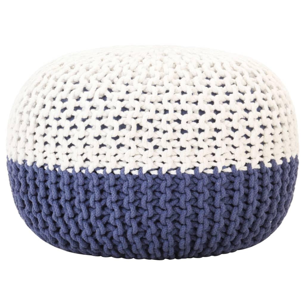 Håndstrikket puf 50x35 cm bomuld blå og hvid