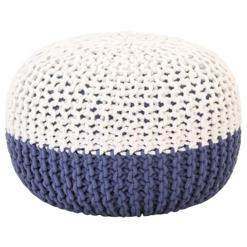 Håndstrikket puf 50x35 cm bomuld blå og hvid
