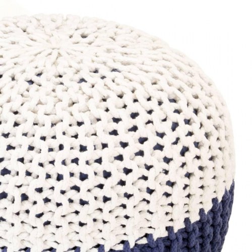 Håndstrikket puf 50x35 cm bomuld blå og hvid