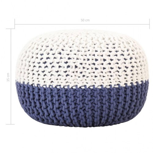 Håndstrikket puf 50x35 cm bomuld blå og hvid