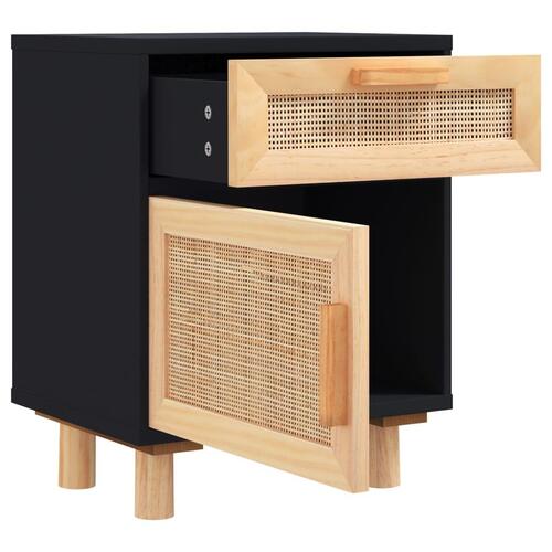 Sengebord massivt fyrretræ og naturlig rattan sort