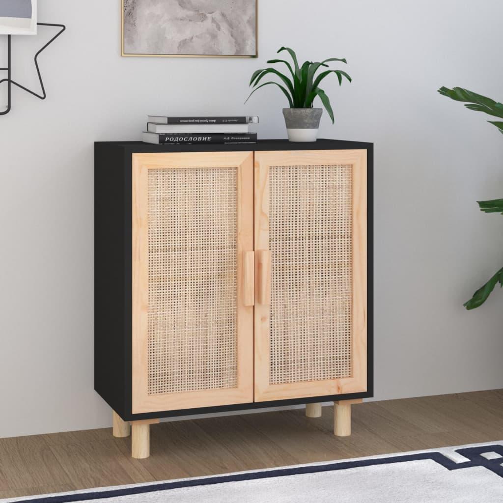 Skænk 60x30x70 cm massivt fyrretræ og naturlig rattan sort billede