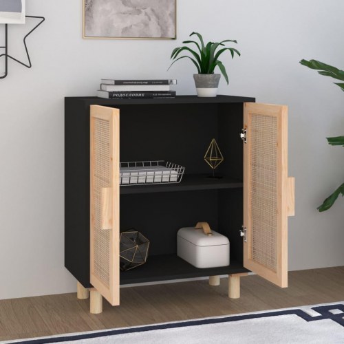 Skænk 60×30×70 cm - sort med rattanlåger og fyrretræsben