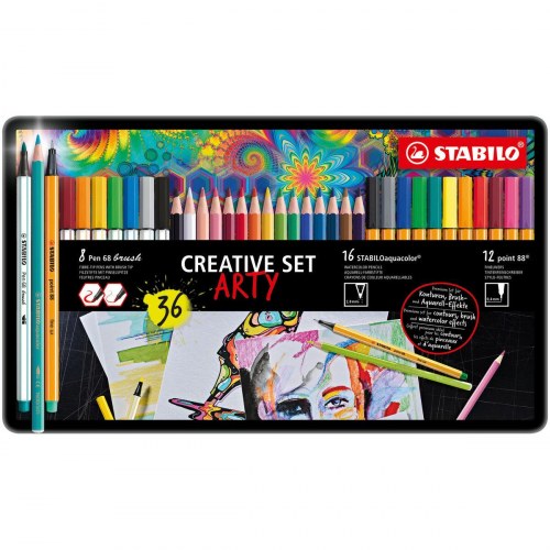 Stabilo Creative Set Arty - Point 88 finelinere, Pen 68 Brush & Aquacolor - 36 dele, multifarvet