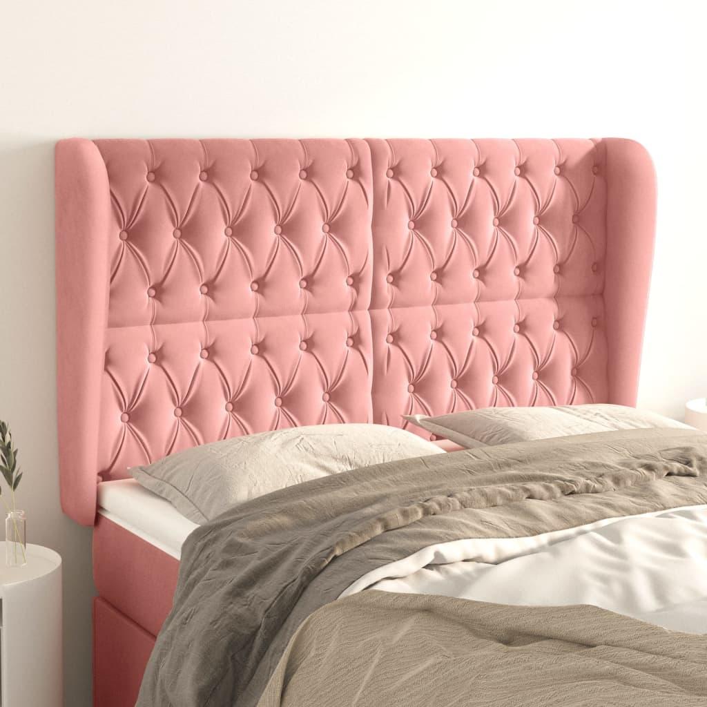 Sengegavl med kanter 163x23x118/128 cm fløjl lyserød billede