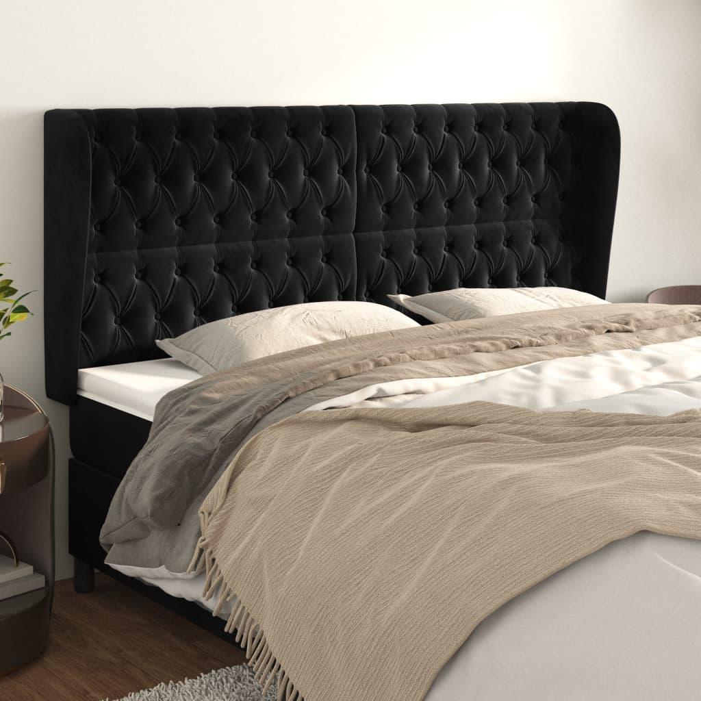 Sengegavl med kanter 183×23×118/128 cm - fløjl, sort billede