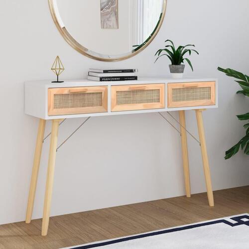 Konsolbord 105x30x75 cm massivt fyrretræ naturlig rattan hvid