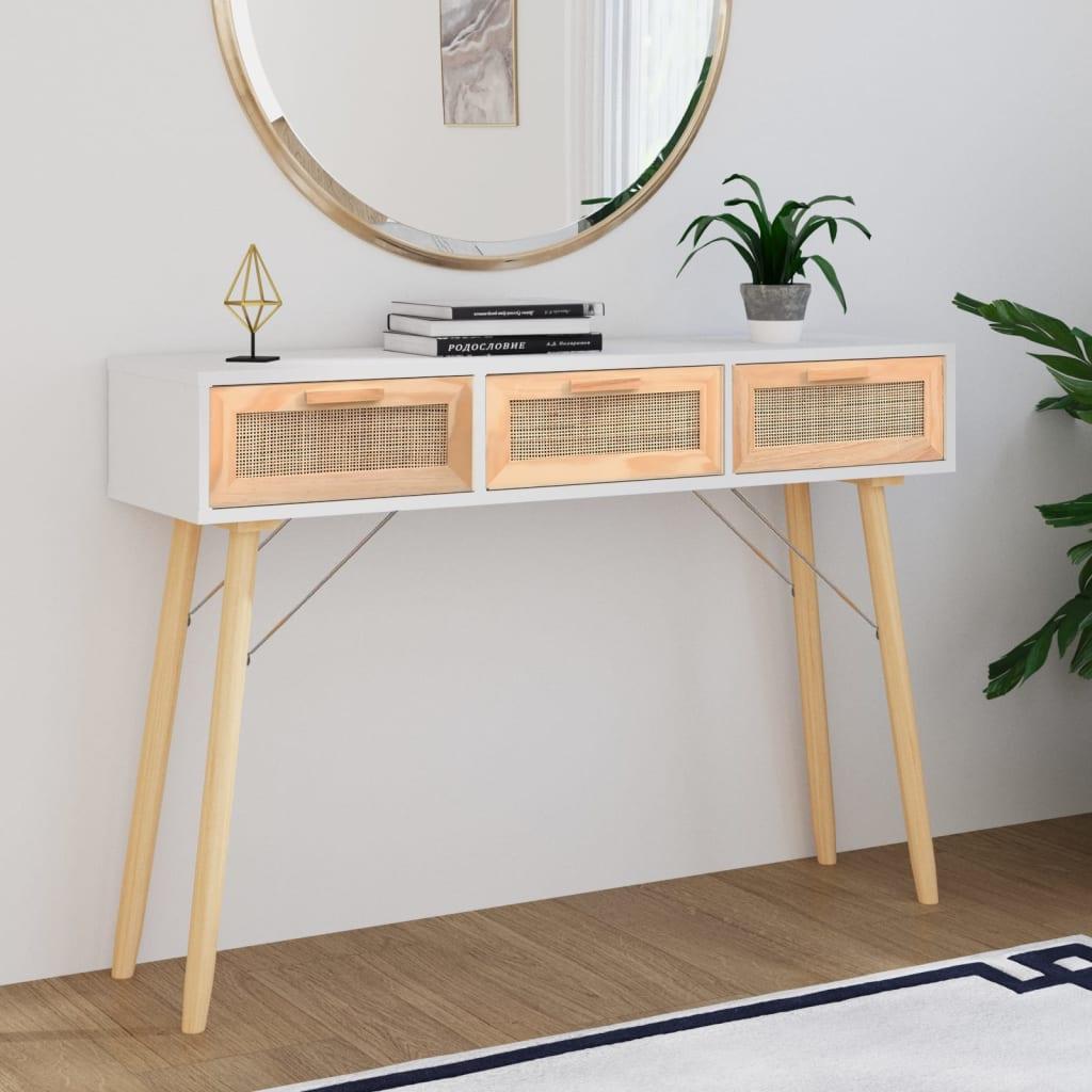 Konsolbord 105x30x75 cm massivt fyrretræ naturlig rattan hvid