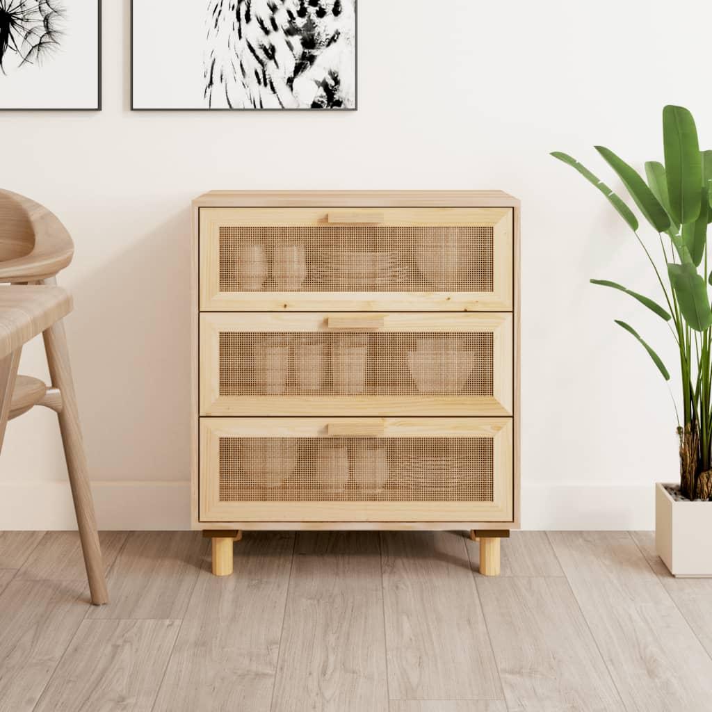 Skænk 60X30X70 Cm Massivt Fyrretræ Og Naturlig Rattan - Brun