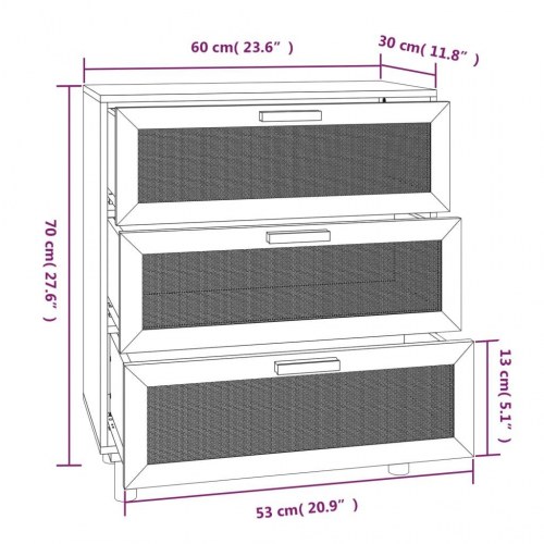 Skænk 60x30x70 cm massivt fyrretræ og naturlig rattan brun