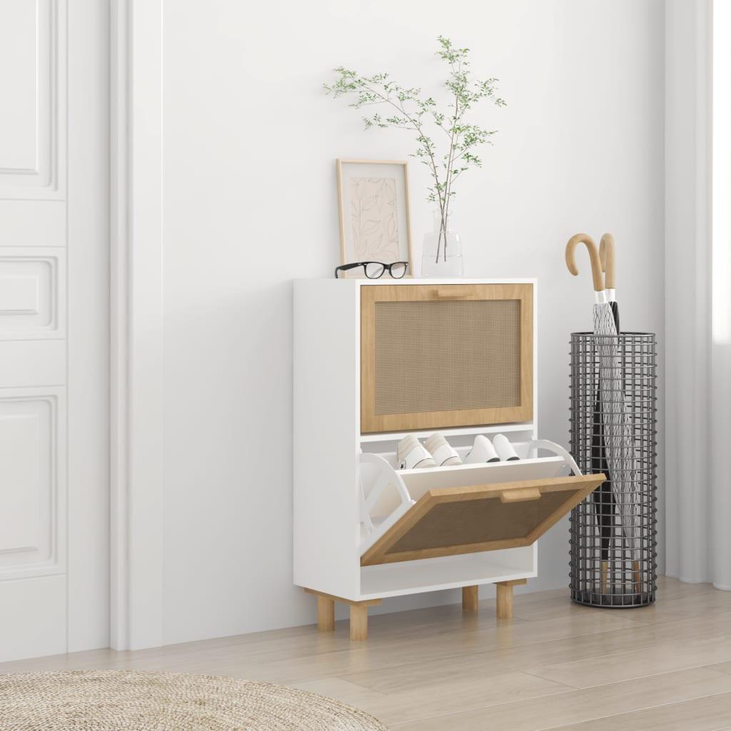 Skoskab 52x25x80 cm konstrueret træ og naturlig rattan hvid