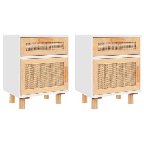 Sengeborde 2 stk. massivt fyrretræ og naturlig rattan hvid