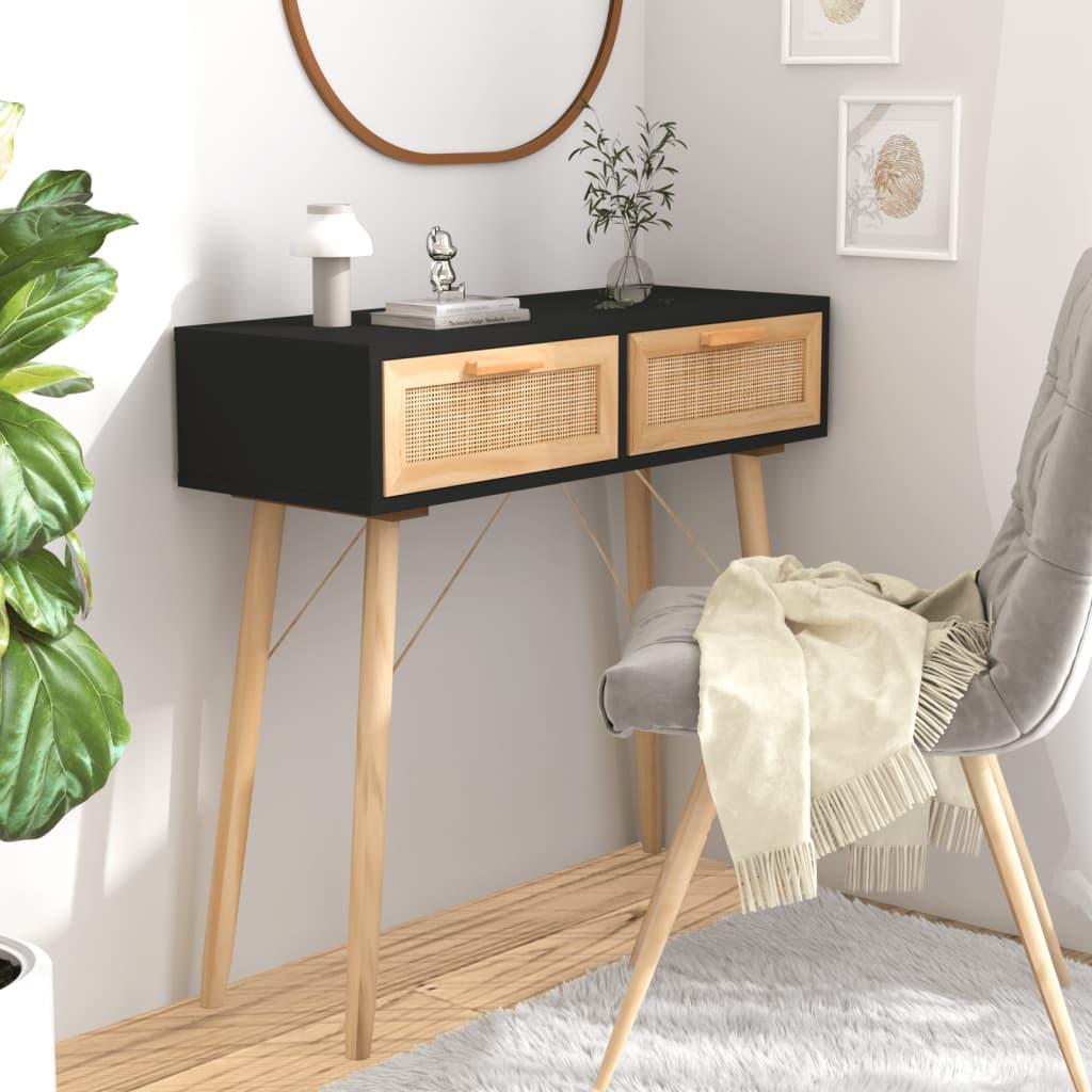 Konsolbord 80x30x75 cm massivt fyrretræ naturlig rattan sort