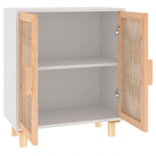 Skænk 60×30×70 cm - hvid med naturlig rattan og fyrretræsdetaljer