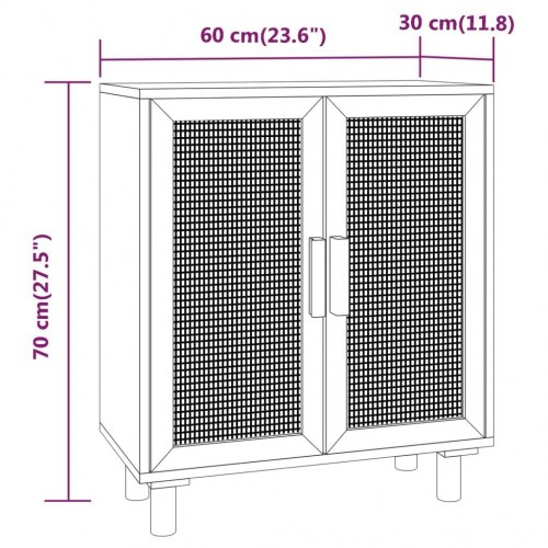 Skænk 60×30×70 cm - hvid med naturlig rattan og fyrretræsdetaljer