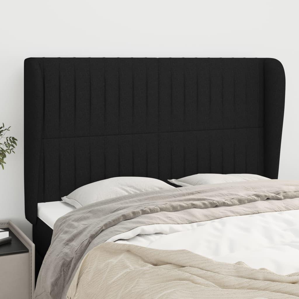 Sengegavl med kanter 147×23×118/128 cm - stof, sort billede