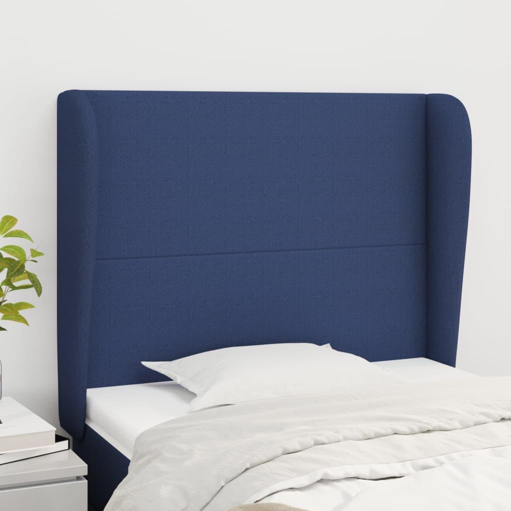 Sengegavl med kanter 103x23x118/128 cm stof blå