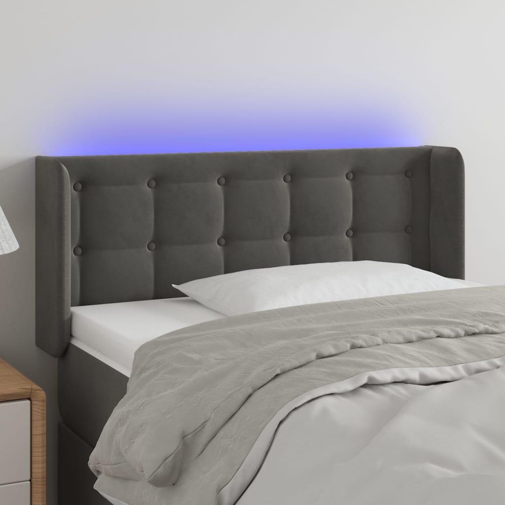 Sengegavl med LED-lys 93x16x78/88 cm fløjl mørkegrå billede