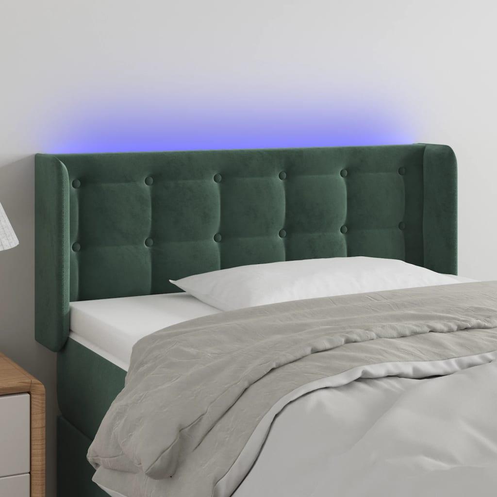Sengegavl med LED-lys 93x16x78/88 cm fløjl Mørkegrøn billede