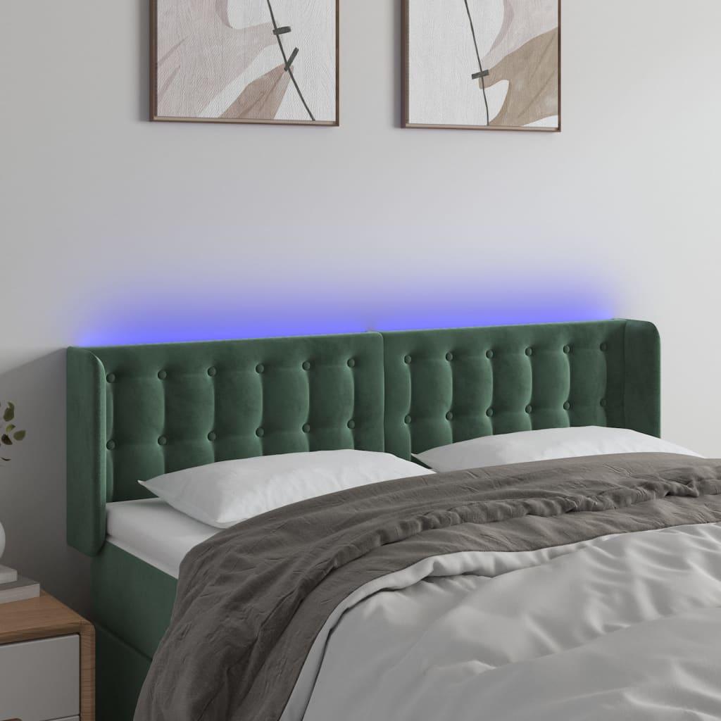 Sengegavl med LED-lys 147×16×78/88 cm - fløjl, mørkegrøn
