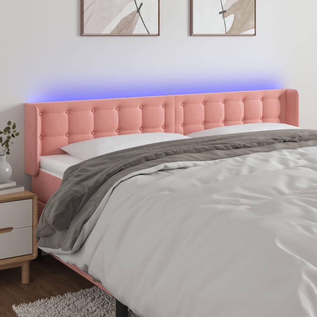 Sengegavl med LED-lys 183x16x78/88 cm fløjl lyserød billede