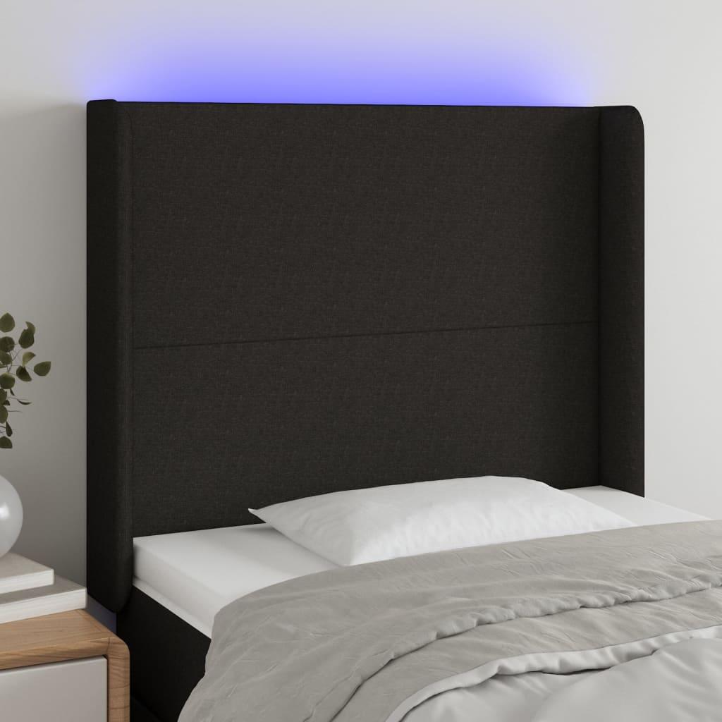 Sengegavl med LED-lys 93x16x118/128 cm stof sort billede