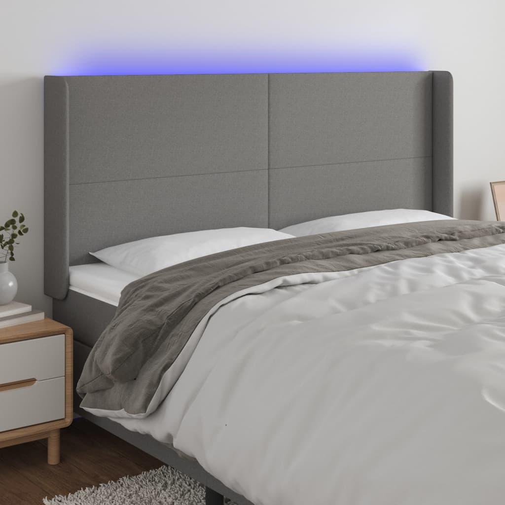 Sengegavl med LED-lys 183×16×118/128 cm - stof, mørkegrå billede