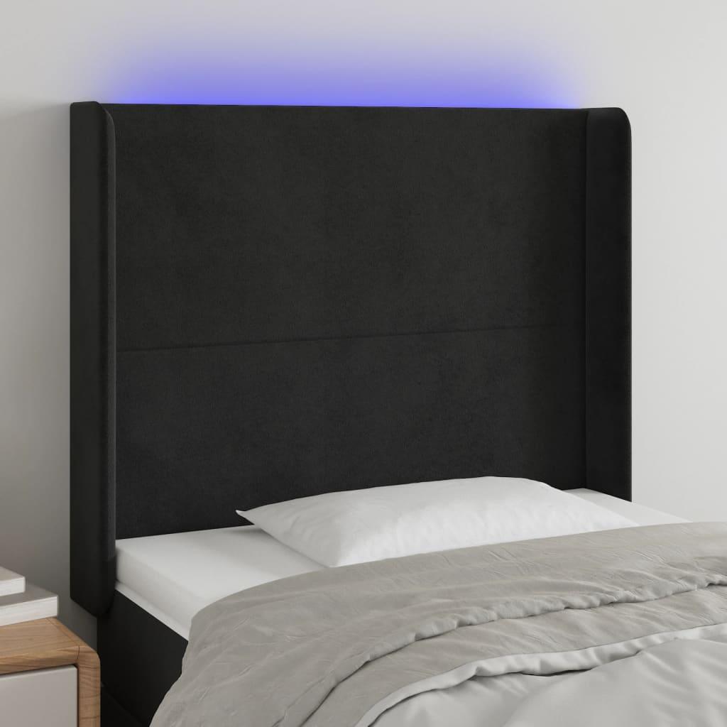 Sengegavl Med Led-Lys Fløjl - Sort / 103 x 16 x 118/128 cm