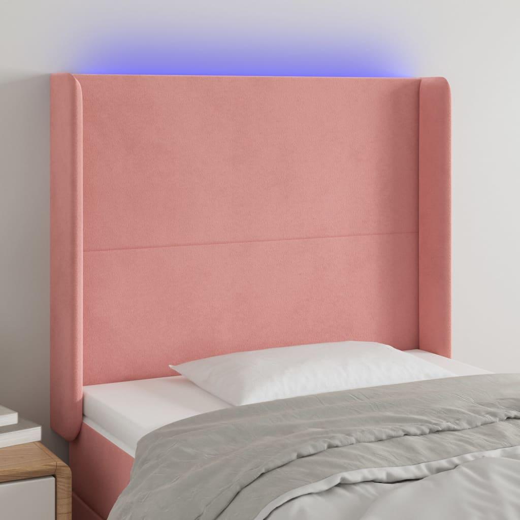 Sengegavl med LED-lys 103x16x118/128 cm fløjl lyserød billede