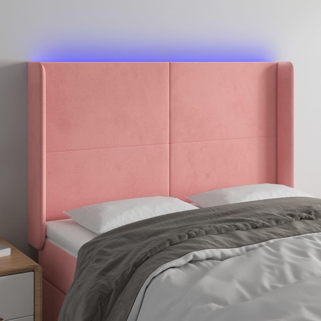 Sengegavl med LED-lys 147x16x118/128 cm fløjl lyserød billede