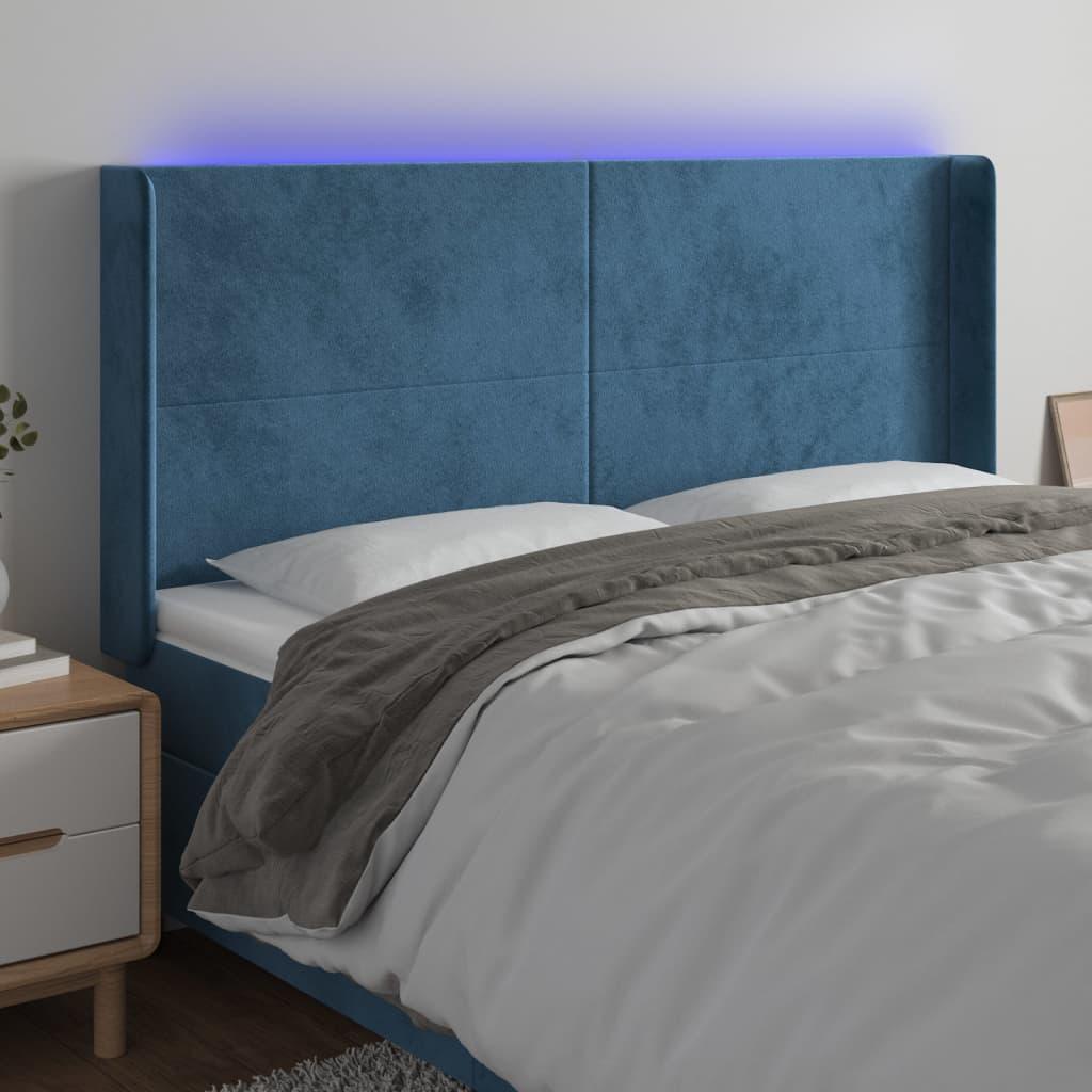 Sengegavl med LED-lys 163×16×118/128 cm - fløjl, mørkeblå billede