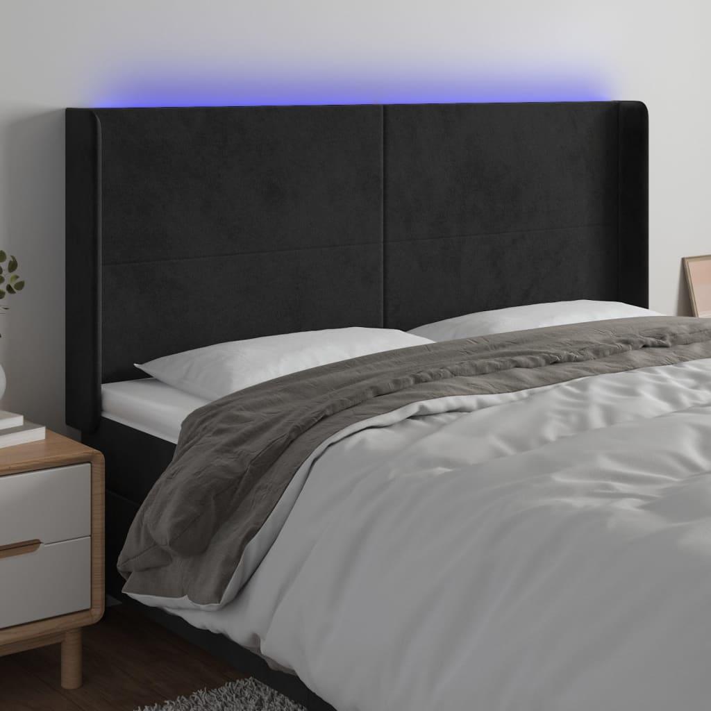 Sengegavl Med Led-Lys Fløjl - Sort / 183 x 16 x 118/128 cm