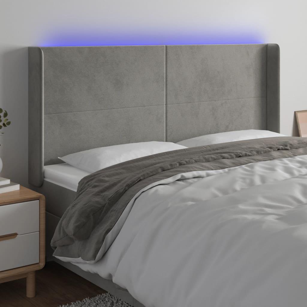 Sengegavl med LED-lys - 203×16×118/128 cm, fløjl, lysegrå billede
