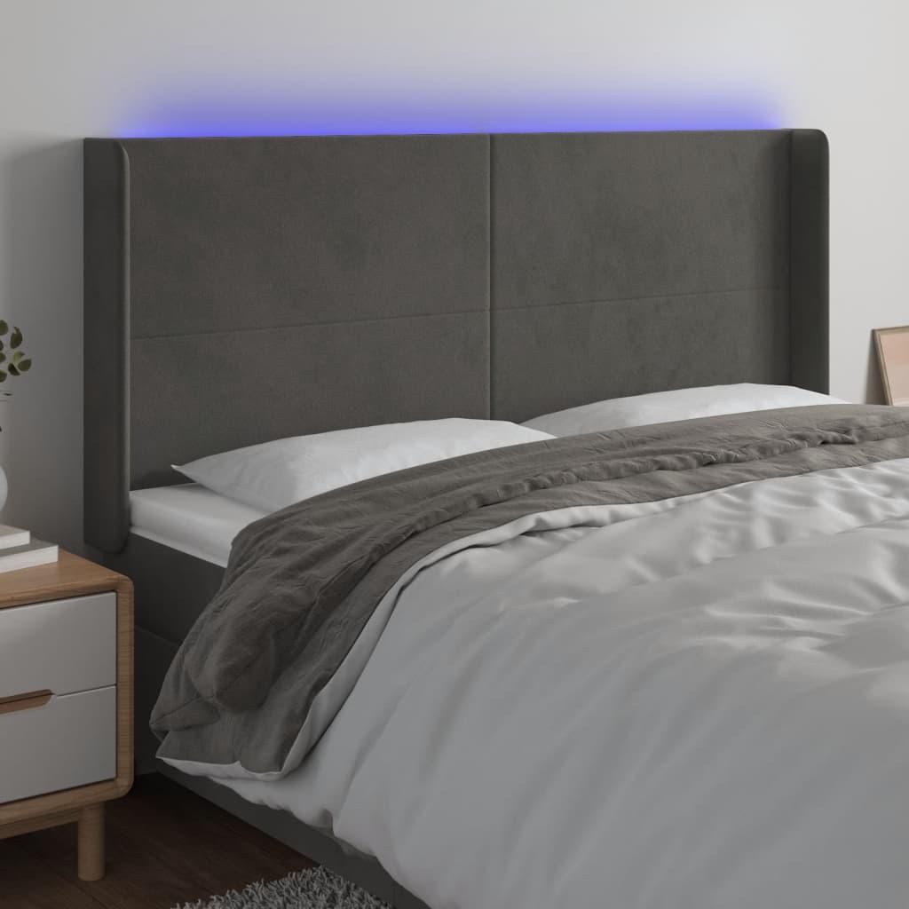 Sengegavl med LED-lys 203x16x118/128 cm i fløjl - mørkegrå billede