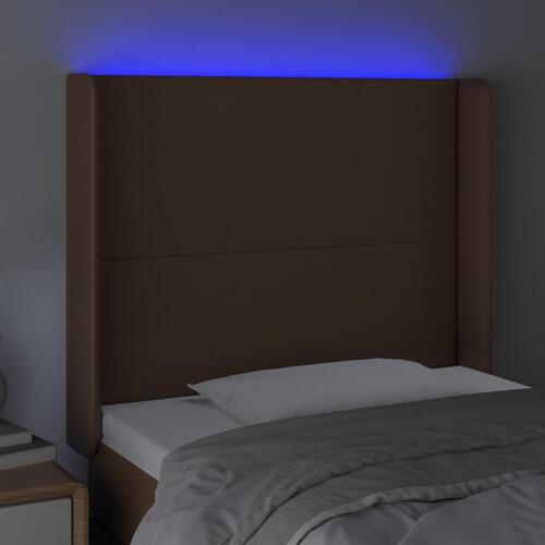 Sengegavl med LED-lys 83x16x118/128 cm kunstlæder brun