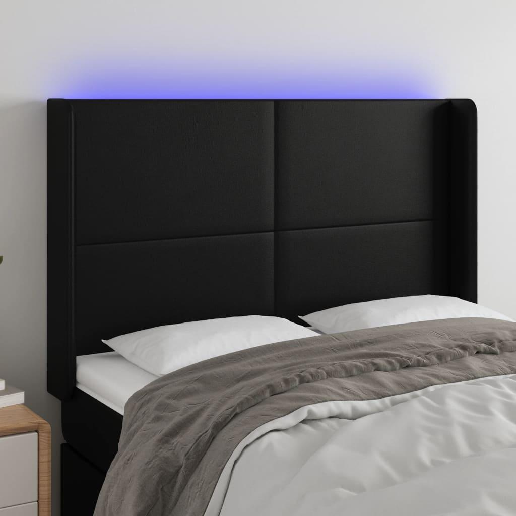 Sengegavl med LED-lys 147x16x118/128 cm kunstlæder sort billede