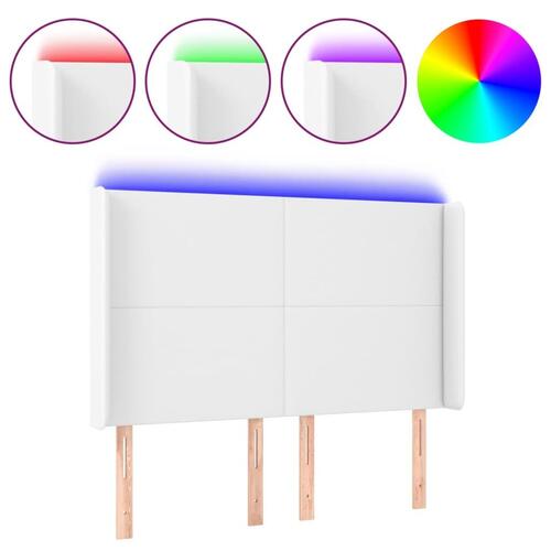 Sengegavl med LED-lys 147x16x118/128 cm kunstlæder hvid