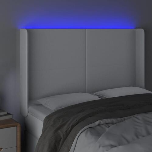 Sengegavl med LED-lys 147x16x118/128 cm kunstlæder hvid