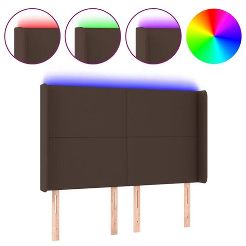 Sengegavl med LED-lys 147x16x118/128 cm kunstlæder brun