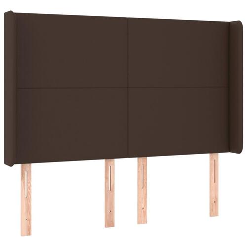 Sengegavl med LED-lys 147x16x118/128 cm kunstlæder brun