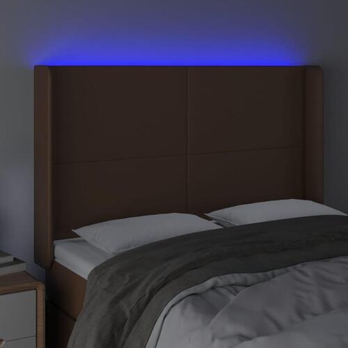 Sengegavl med LED-lys 147x16x118/128 cm kunstlæder brun