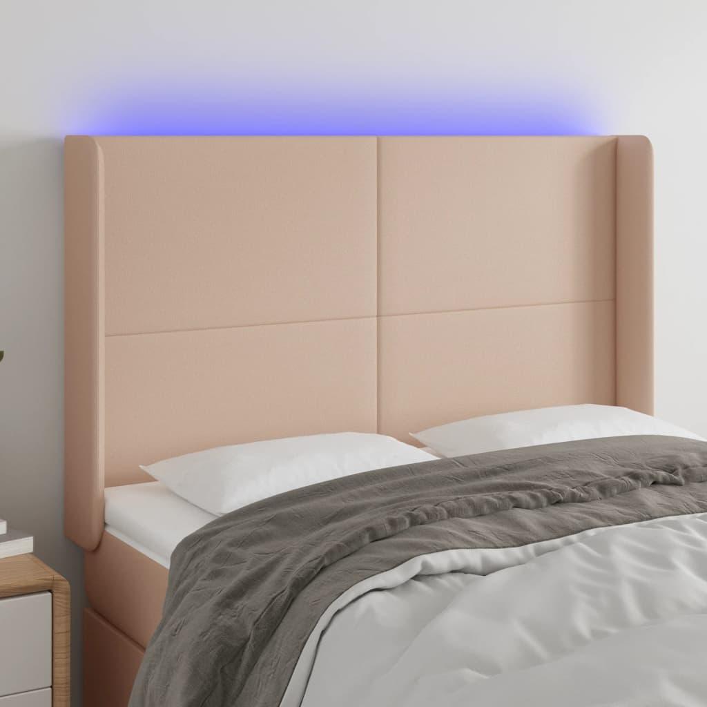 Sengegavl med LED-lys 147x16x118/128 cm kunstlæder cappuccino