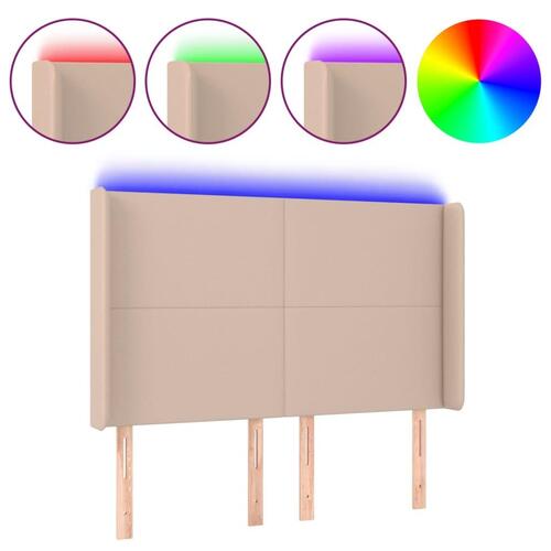 Sengegavl med LED-lys 147x16x118/128 cm kunstlæder cappuccino