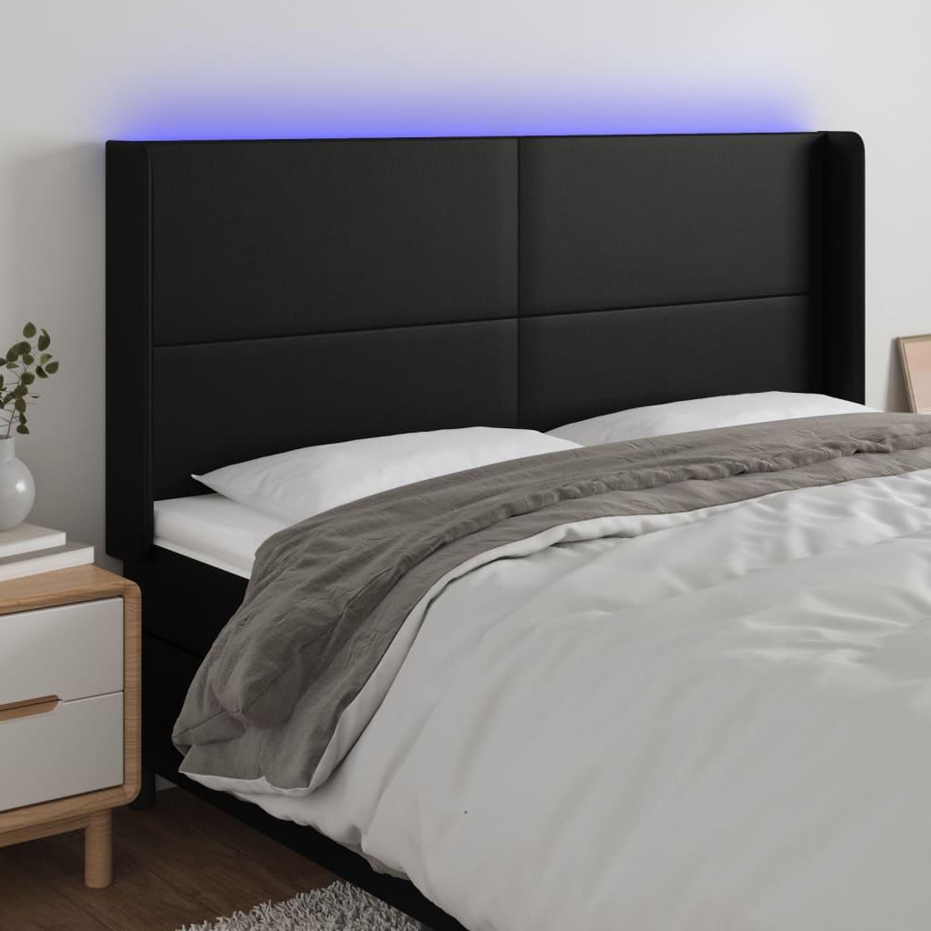 Sengegavl med LED-lys 203×16×118/128 cm - kunstlæder, sort