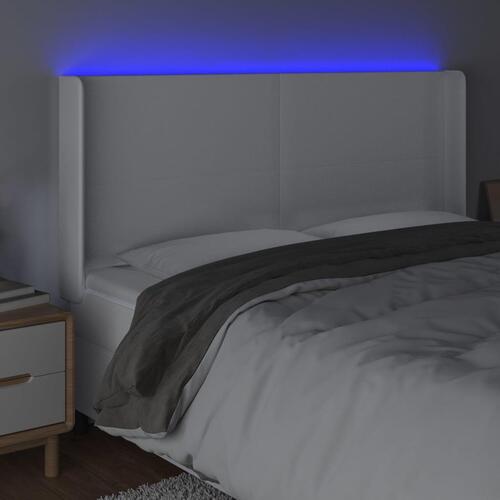 Sengegavl med LED-lys 203x16x118/128 cm kunstlæder hvid