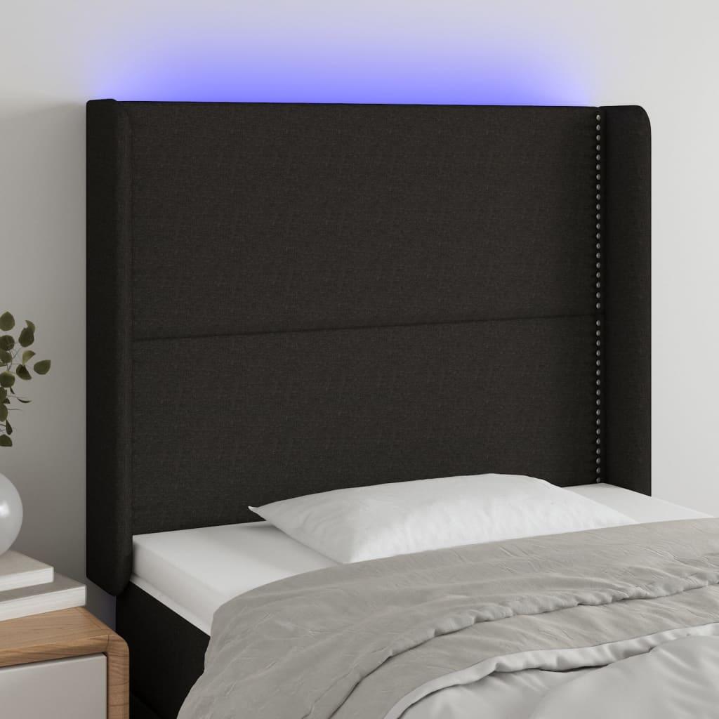 Sengegavl med LED-lys 93x16x118/128 cm stof sort billede