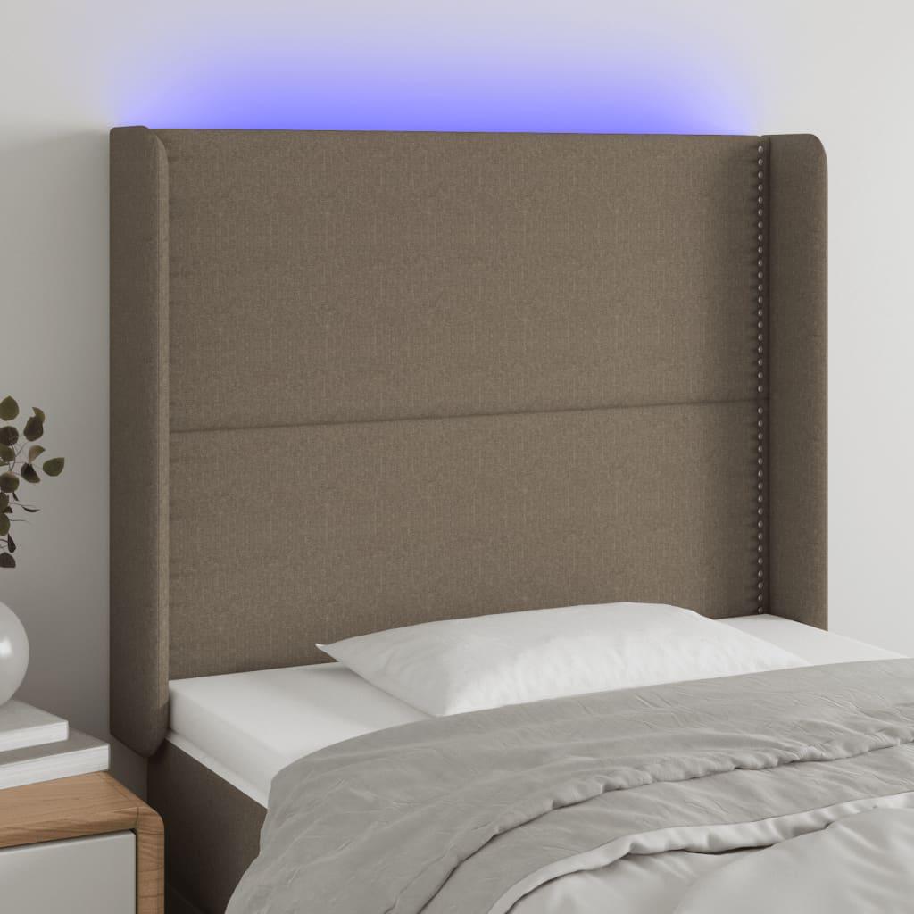 Sengegavl med LED-lys 93×16×118/128 cm - stof, gråbrun billede