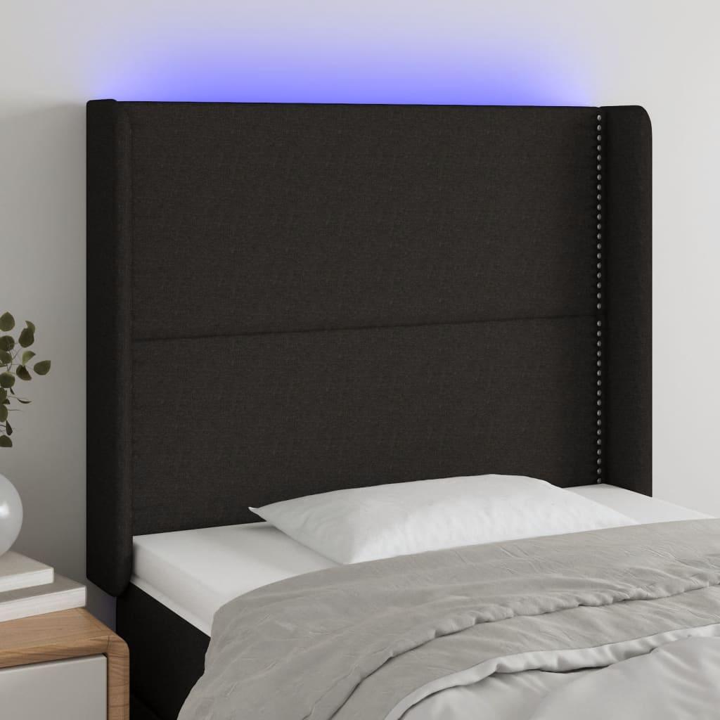 Sengegavl med LED-lys 103x16x118/128 cm stof sort billede